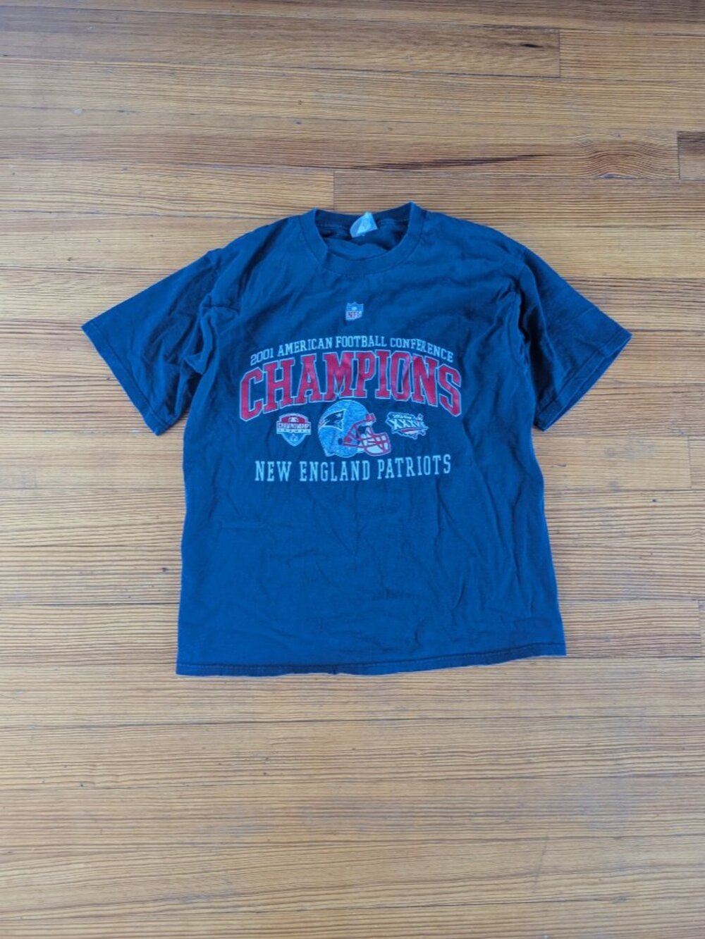 Vintage 2001 New England Patriots AFC Champions T Shirt Super Bowl XXXVI Blue L